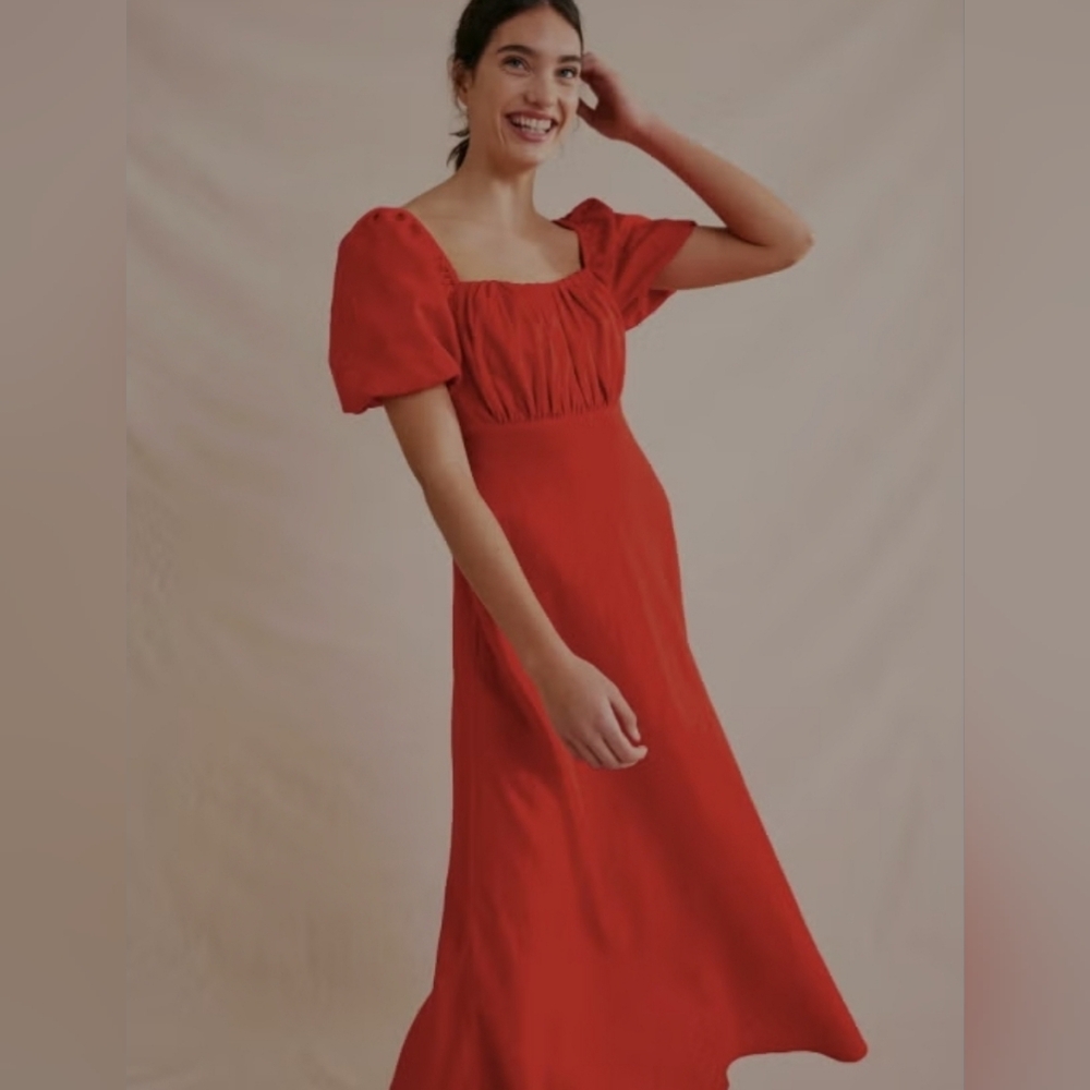 Boden Ruched Bodice Puff Sleeve Midi Dress Size 14R NWOT